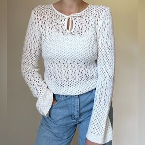 Vintage Crochet Open Knit Long Sleeve White Top Women’s Size Small